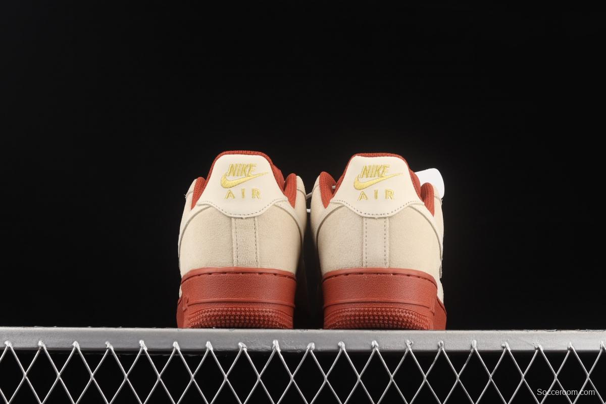 NIKE Air Force 1x07 SE beige / brick red suede spliced low-top casual board shoes AA1391-111,