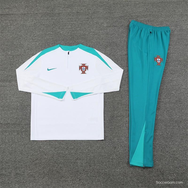 2024 Portugual White Half Zipper Jacket+Long Pants