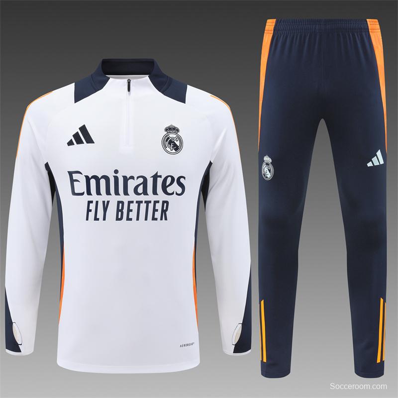 24/25 Kids Real Madrid White Half Zipper Jacket+Long Pants