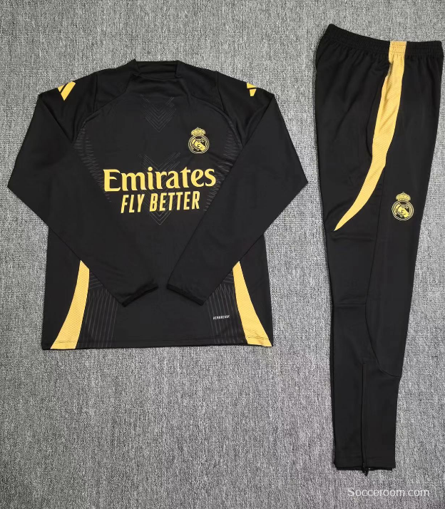 24/25 Kids Real Madrid Black/Golden Half Zipper Jacket+Long Pants