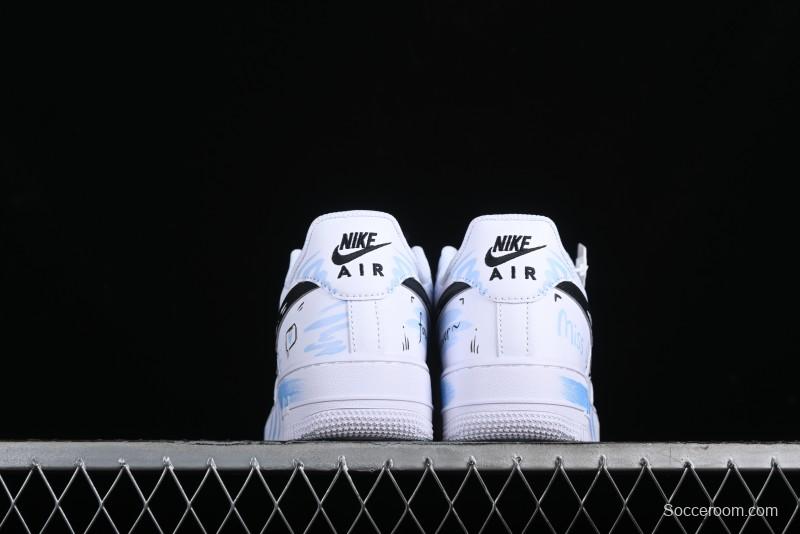 Nike Air Force 1 '07 Low Casual Sneakers with Anime-inspired Blue Spray Paint Design - CW2288-111
