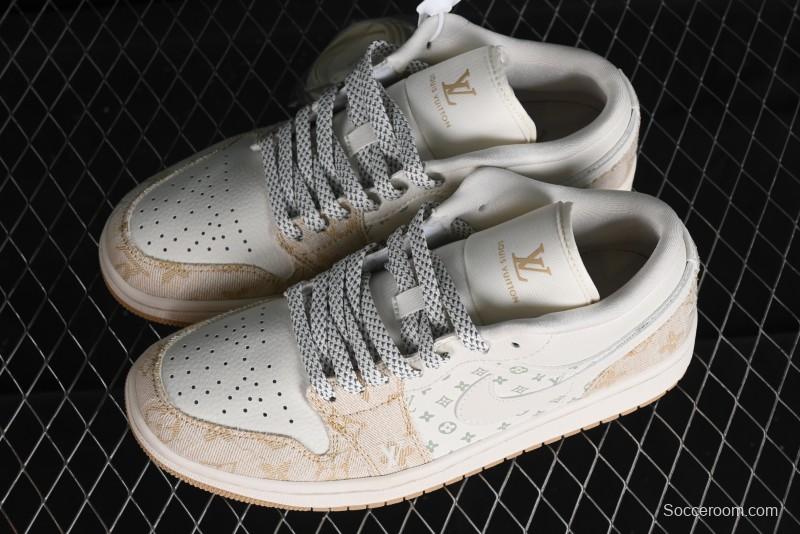 Nike Air Jordan 1 Low LV Collaboration Denim Khaki Customized Casual Sneakers - SJ9950-002