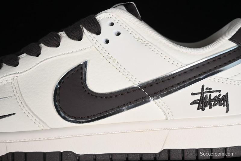 Stussy x Nike SB Dunk Low Anniversary Customized Casual Sneakers in Off-White Black Swoosh - DQ1098-378