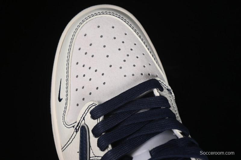 Nike Travis Scott x Fragment Design x Air Jordan 1 Low OG SP AJ1 Supreme Collaboration - Dark Blue Swoosh Low-Top Casual Sneakers - XZ2268-001