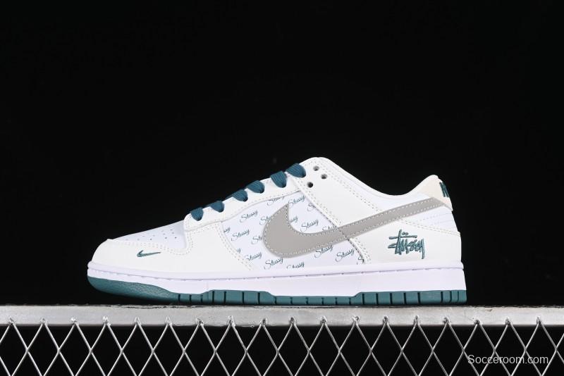 Nike SB Dunk Low Stussy Collaboration - White Grey Green Print Anniversary High-End Custom Low-Top Casual Skate Shoes - XX2025-808
