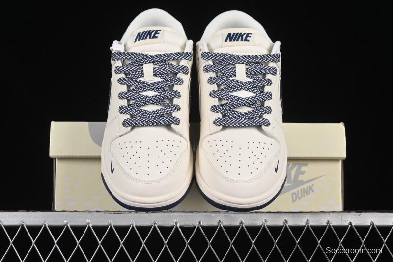 Nike SB Dunk Low Anniversary Premium Custom Low-Top Casual Skate Shoes in Off-White with Navy Blue Swoosh - SJ1089-004