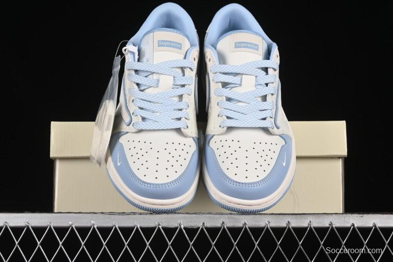 Nike Travis Scott x Fragment Design x Air Jordan 1 Low OG SP AJ1 Supreme Collaboration - White Blue Lettering Low Top Casual Sneakers - XY2688-116