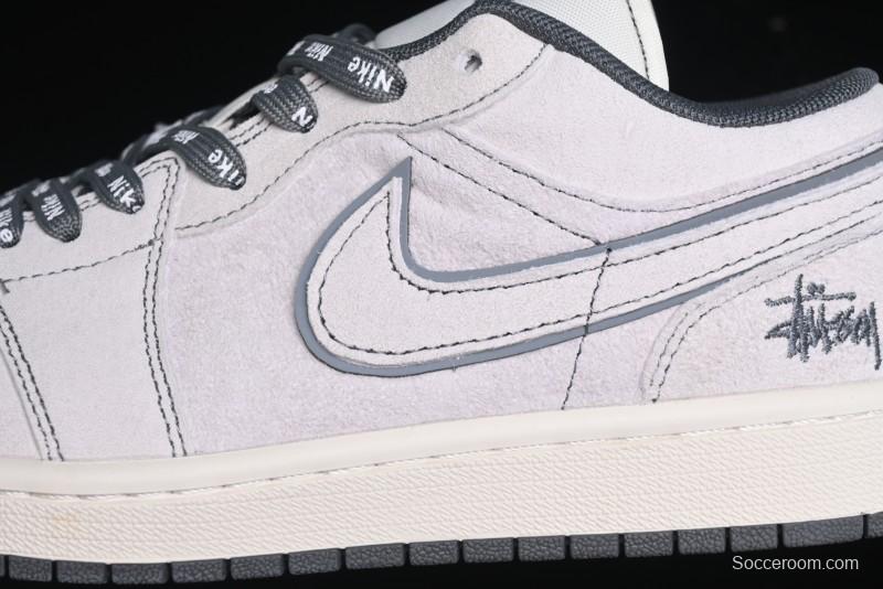 Nike Air Jordan 1 Low AJ1 Stussy Collaboration - Premium Customized Pigskin Grey Line Retro Basketball Shoes - DM9188-005