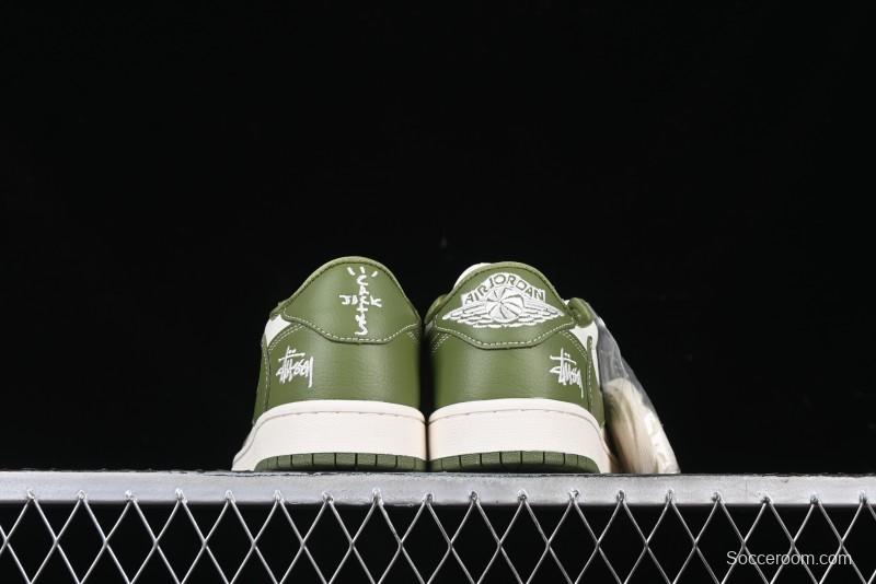 Nike Travis Scott x Fragment Design x Air Jordan 1 Low OG SP AJ1 Stussy Collaboration Bamboo Green Low-Top Casual Sneakers - BB1199-201