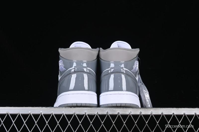 Nike Air Jordan 1 Mid AJ1 High-Top Basketball Shoes in White Grey Patent Leather - HF3216-100