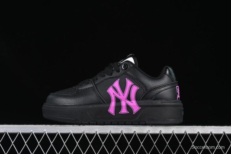 NY Yankees Black Leather Sneakers with Bold Pink Logo