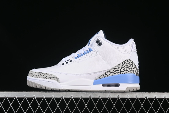 Nike Air Jordan 3 Retro UNC White Blue Cracked Leather Basketball Shoes - CT8532-104