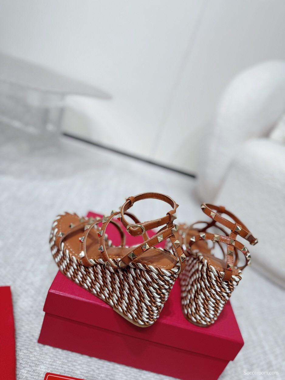 2025 Women Valentino Brown Leather Wedge Sandals Braided Cotton LY00290