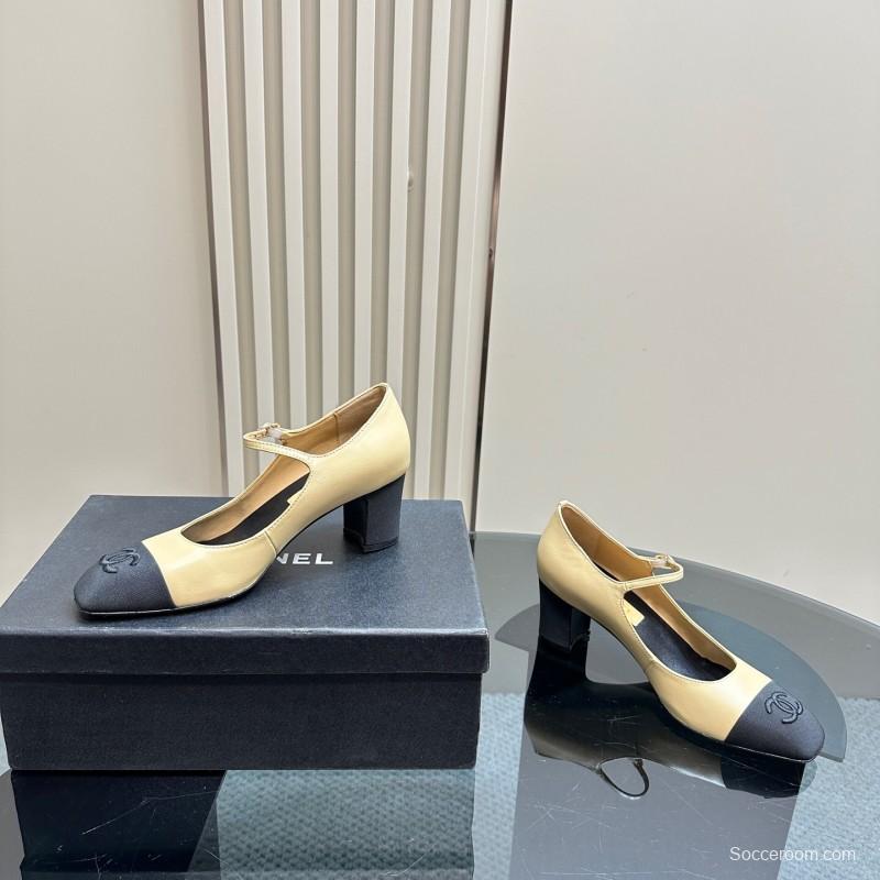 2025 Women Chanel Beige Black Leather Mary Jane Shoes KFY00290