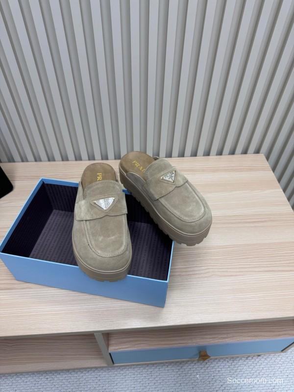 2025 Women Prada Khaki Suede Platform Loafers