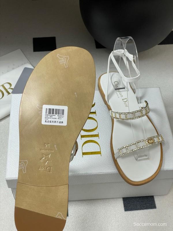 2025 Women Dior White Leather Flat Sandals Crystal Embellishment