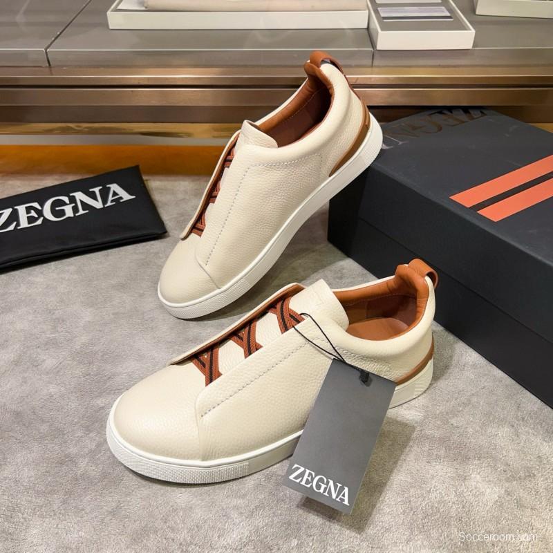 2024 Men Ermenegildo Zegna White Brown Calf Leather Pelletessuta Sneakers Elastic Detail MJ00280