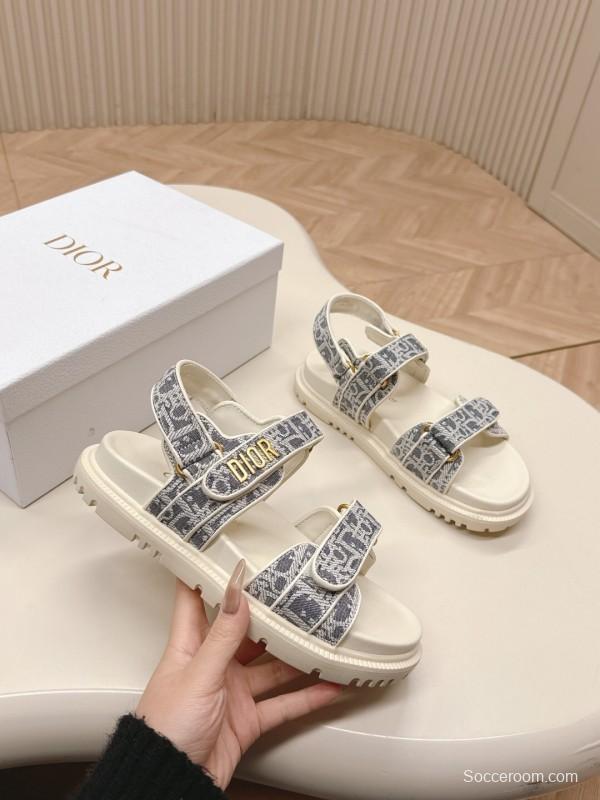 2025 Women Dior Gray White Jacquard Fabric Sandals LY