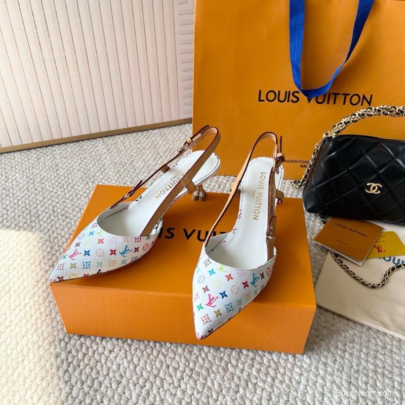 2025 Women Louis Vuitton White Multicolor Leather Slingback Pumps