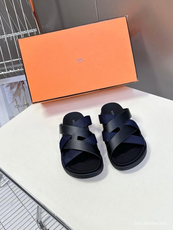 2025 Unisex Hermès Black Leather Fabric Slippers