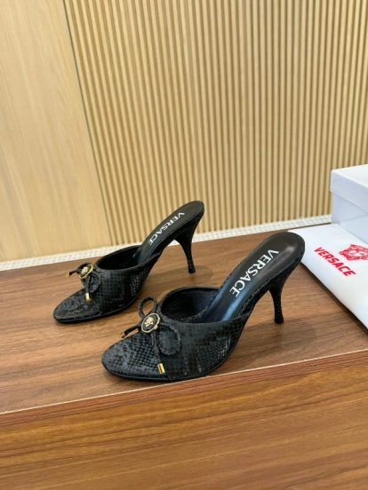 2025 Women VERSACE Black Leather Mule Heels LY00250