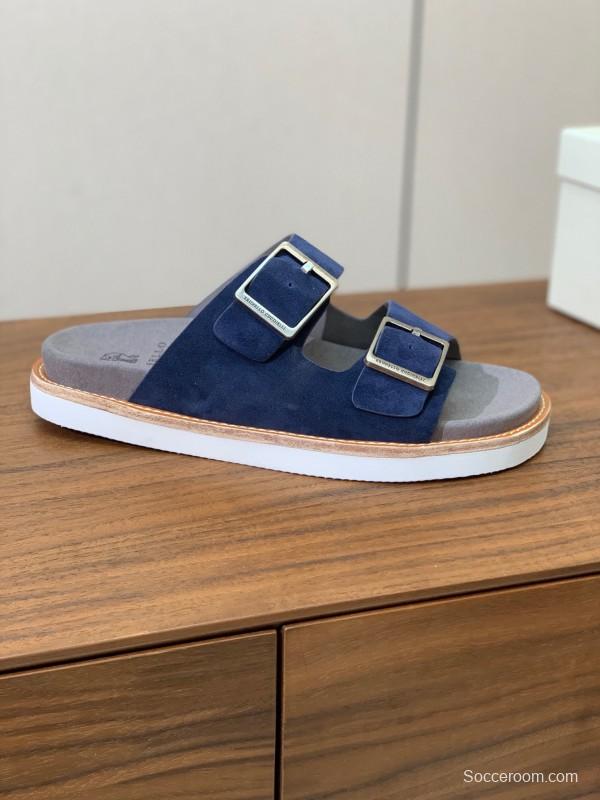 2025 Unisex Brunello Cucinelli Blue Suede Leather Slippers KFY00250