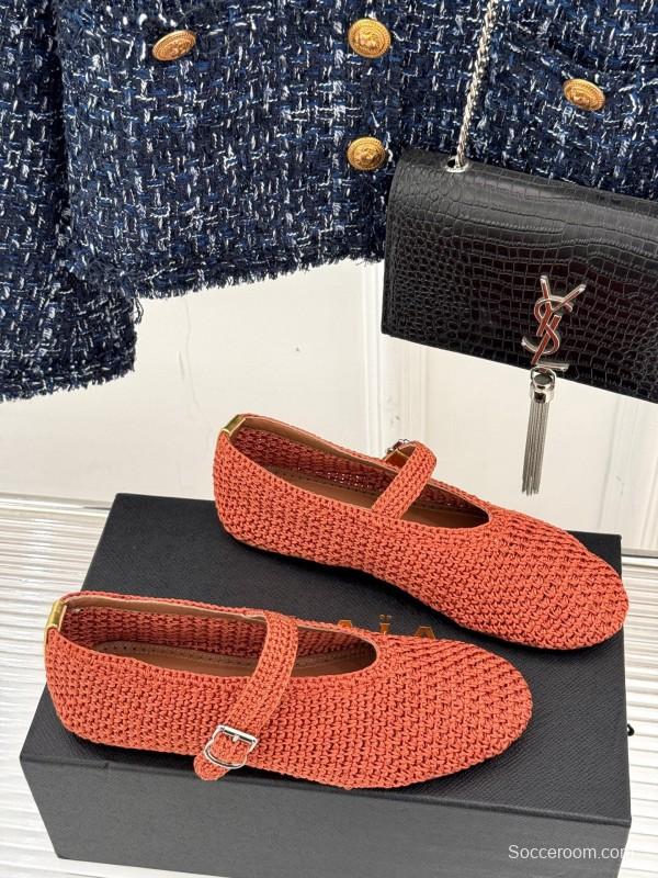 2025 Women AlAIA Orange Knitted Leather Mary Jane KFY00310