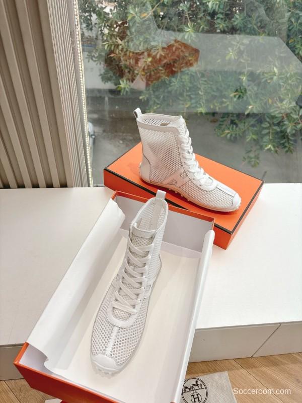 2025 Women Hermès White Leather Mesh Ankle Boots