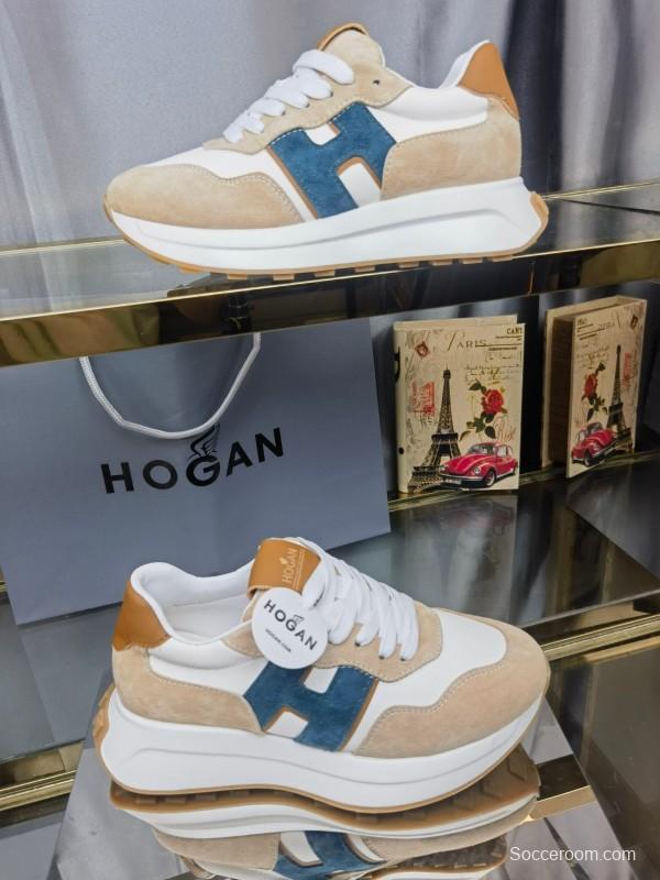 2025 Unisex HOGAN White Beige Blue Leather Suede Platform Sneakers H-STRIPES LY00360(F)/LY00370(M)