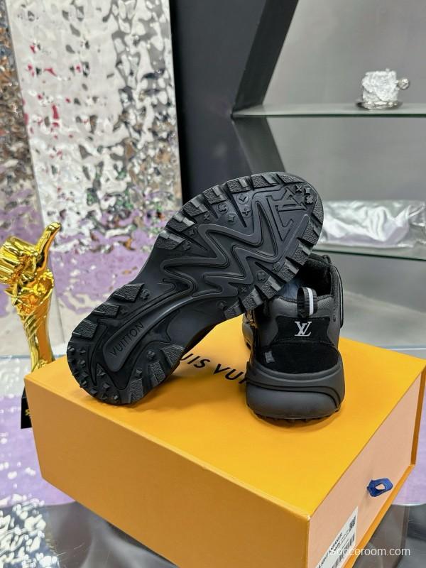 2025 Men Louis Vuitton Black Mesh Leather Sneakers MJ00420