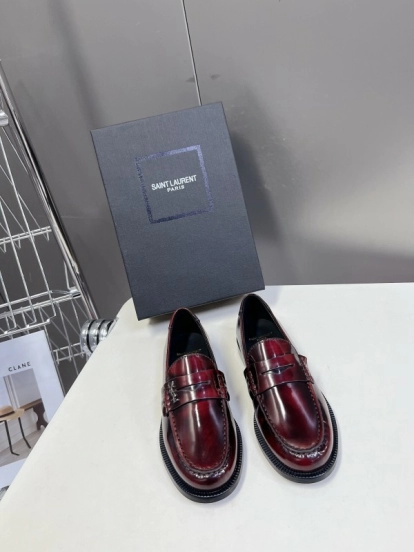 2025 Women Yves Saint Laurent Burgundy Calf Leather Loafers KFY00350