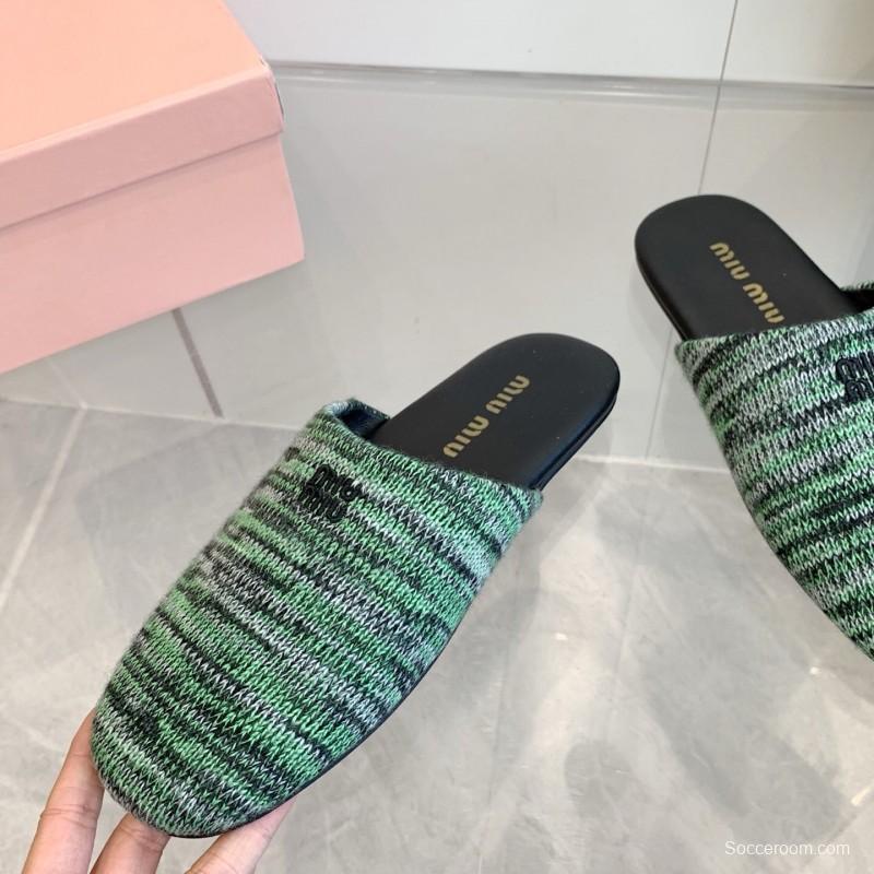 2025 Miu Miu Green Black Fabric Slippers