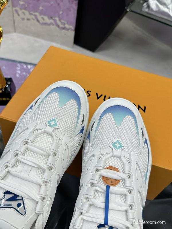 2025 Men Louis Vuitton Blue White Mesh Leather Sneakers MJ00420