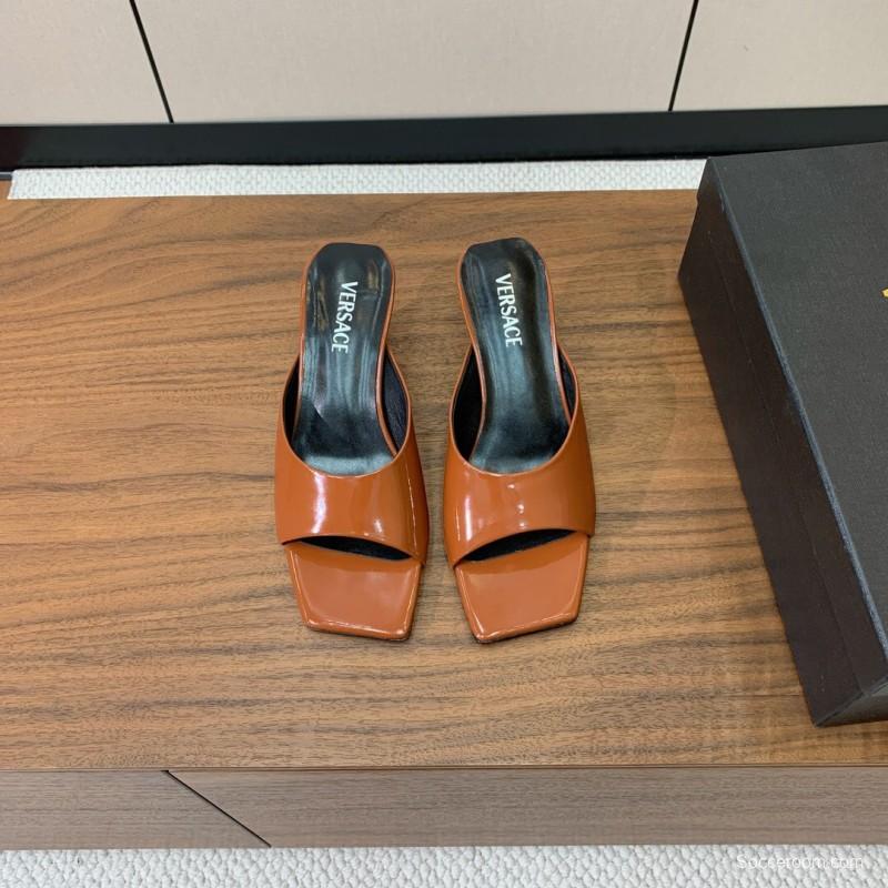 2025 Women VERSACE Brown Patent Leather Slippers