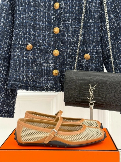 2025 Women Hermès Beige Mesh Leather Mary Jane