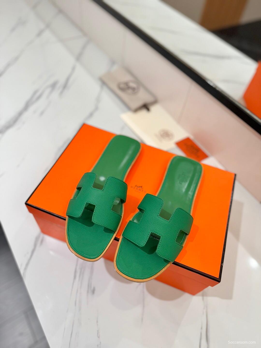 2025 Women Hermès Green Leather Slippers