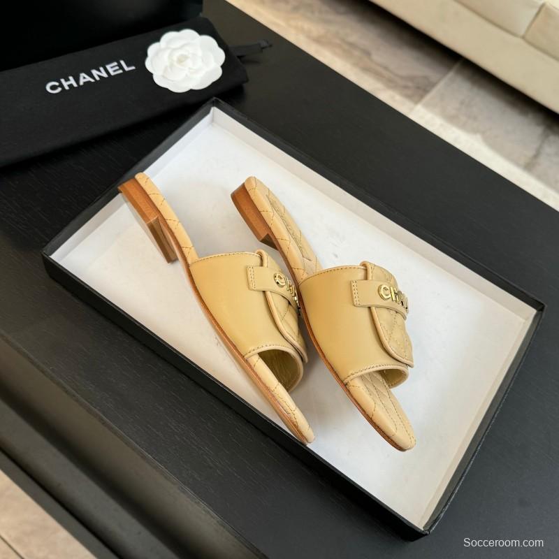 2025 Women Chanel Beige Leather Slippers