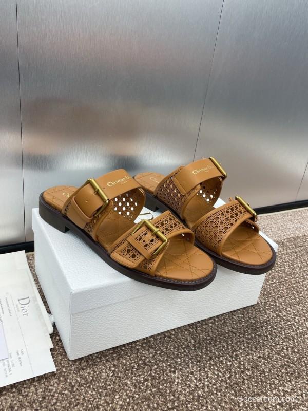 2025 Women Dior Brown Leather Slip-on Sandals