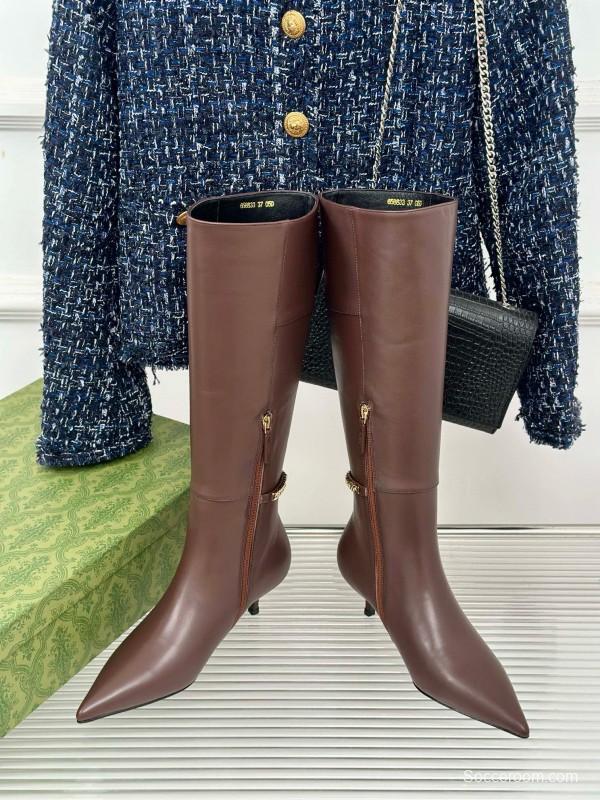 2024 Women Gucci brown calf leather boots chain MJ00550