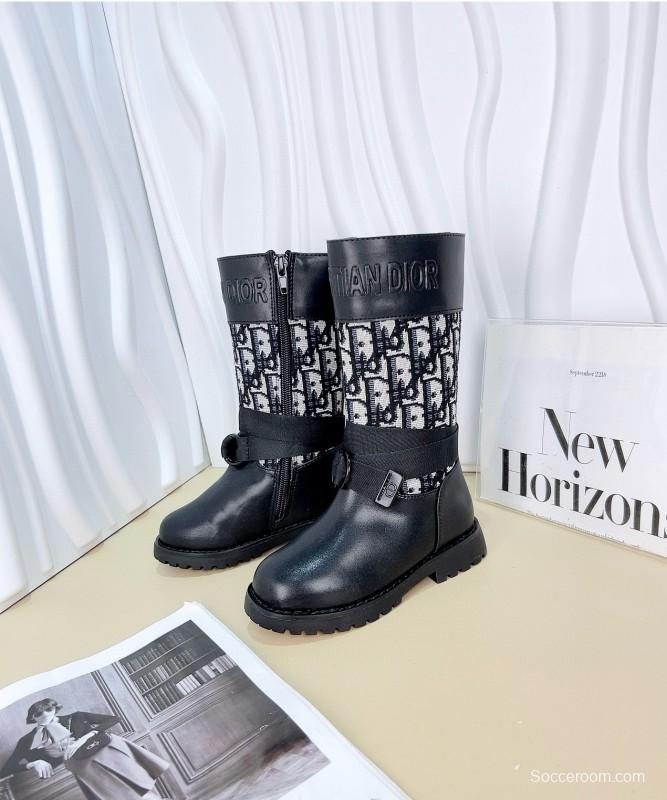 2024 Kids Dior Black Leather Fabric Boots