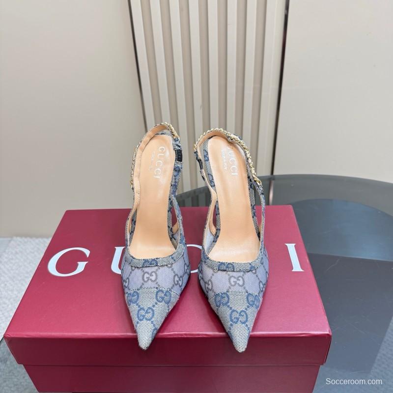 2025 Women Gucci White Mesh Slingback Heels With Crystal Chain Detailing KFY00300(F)