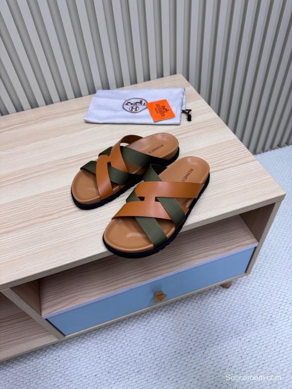 2025 Slippers Hermès Brown Green Leather Fabric Slippers