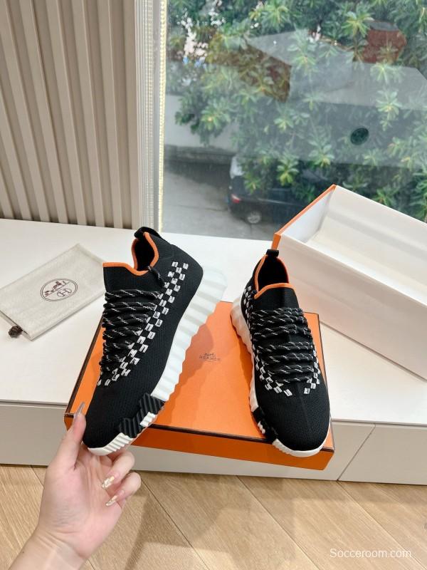 2024 Unisex Hermès Black White Orange Calfskin Suede Sneakers MJ00290