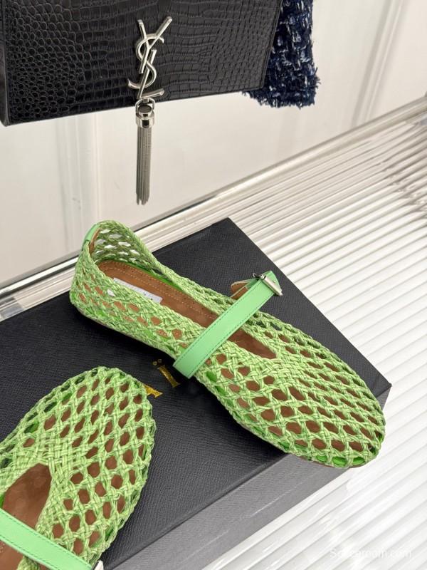 2025 Women AlAIA Green Leather Mesh Mary Jane