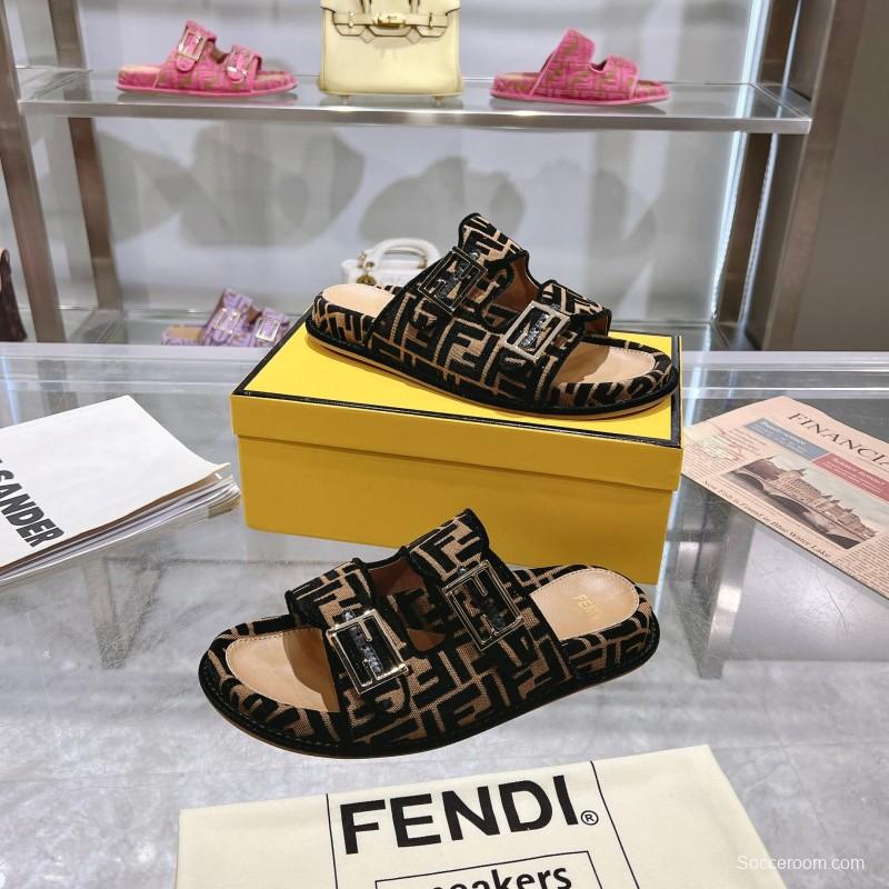 2025 Fendi Black Beige Fabric Slippers FF Buckle KFY00250
