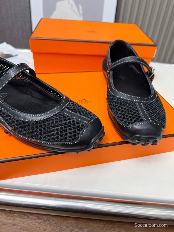 2025 Women Hermès Black Leather Mesh Mary Jane LY00230