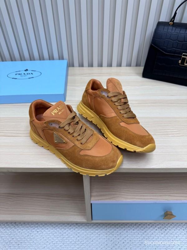 2025 Women Prada Brown Suede Nylon Sneakers LY00300