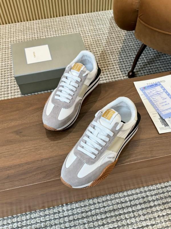 2025 Women TOM FORD White Grey Suede Leather Sneakers LY00360