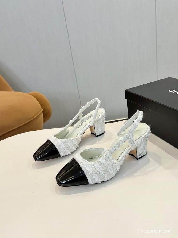 2025 Women Chanel White Black Tweed Patent Leather Slingback LY00240