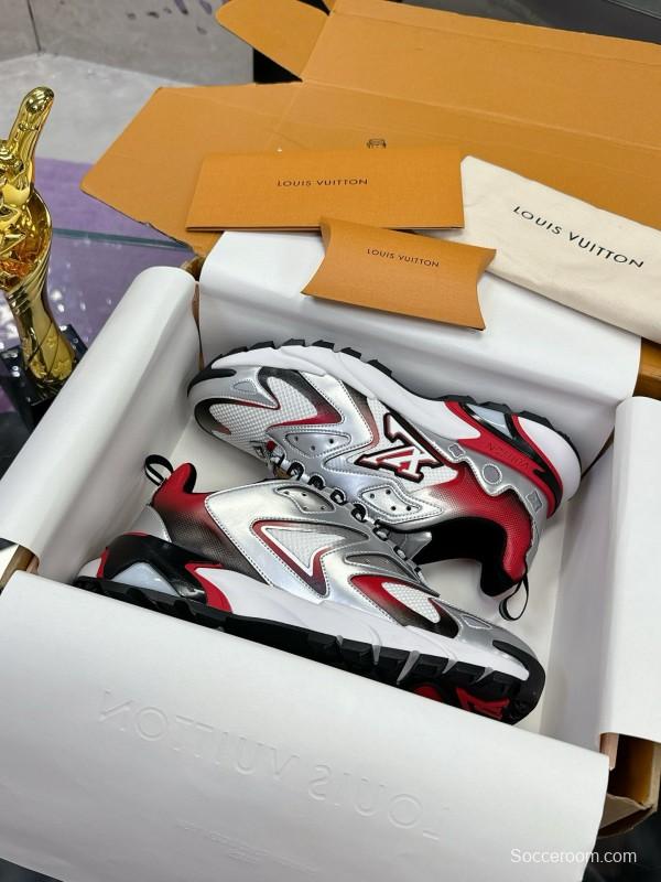 2025 Men Louis Vuitton White Red Black Leather Mesh Sneakers MJ00420